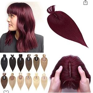 14 inch never worn, burgundy/wine red clip on hair topper with bangs.